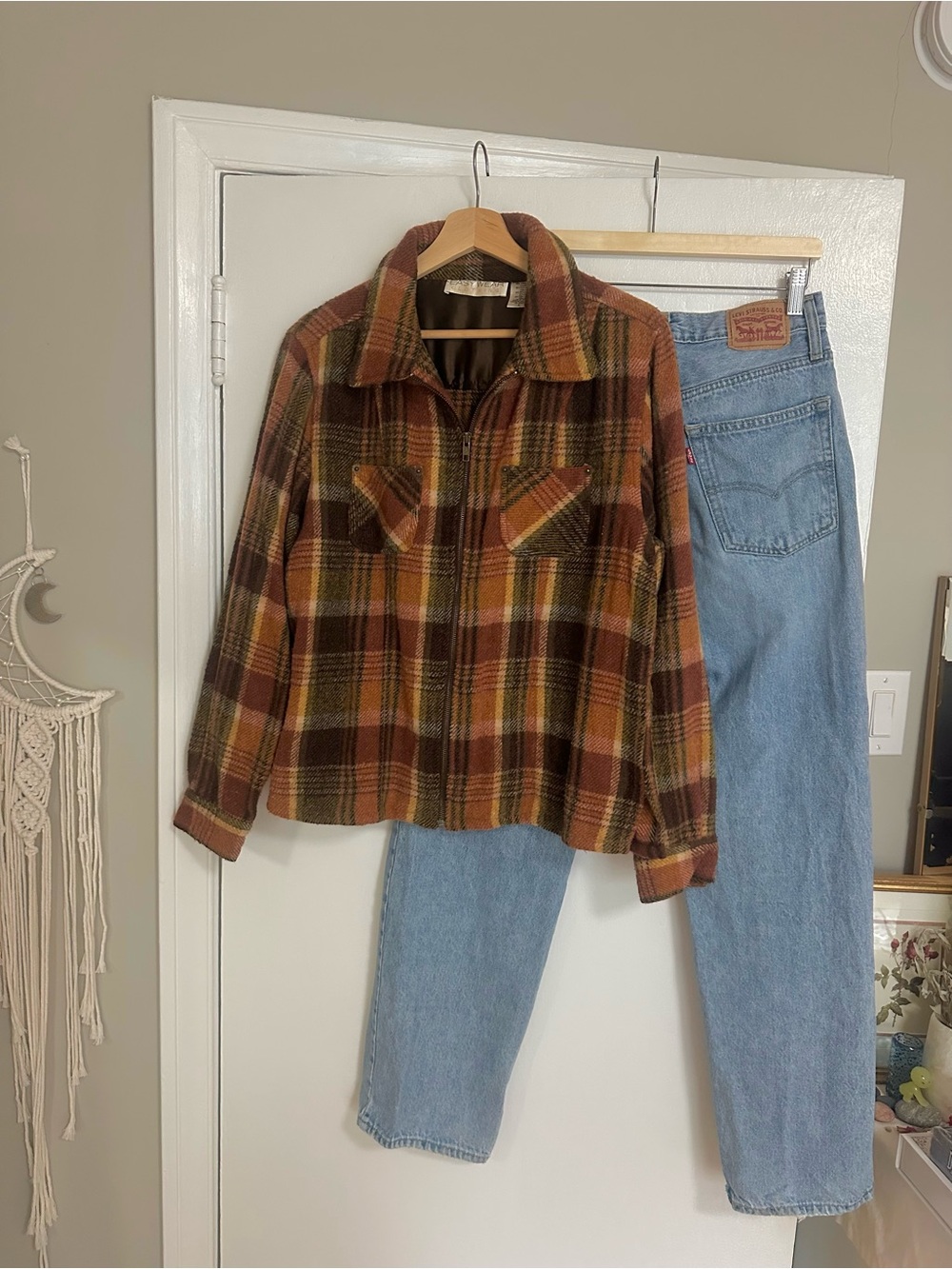 Vintage Plaid Zip-Front Wool Blend Jacket - Rust Multi